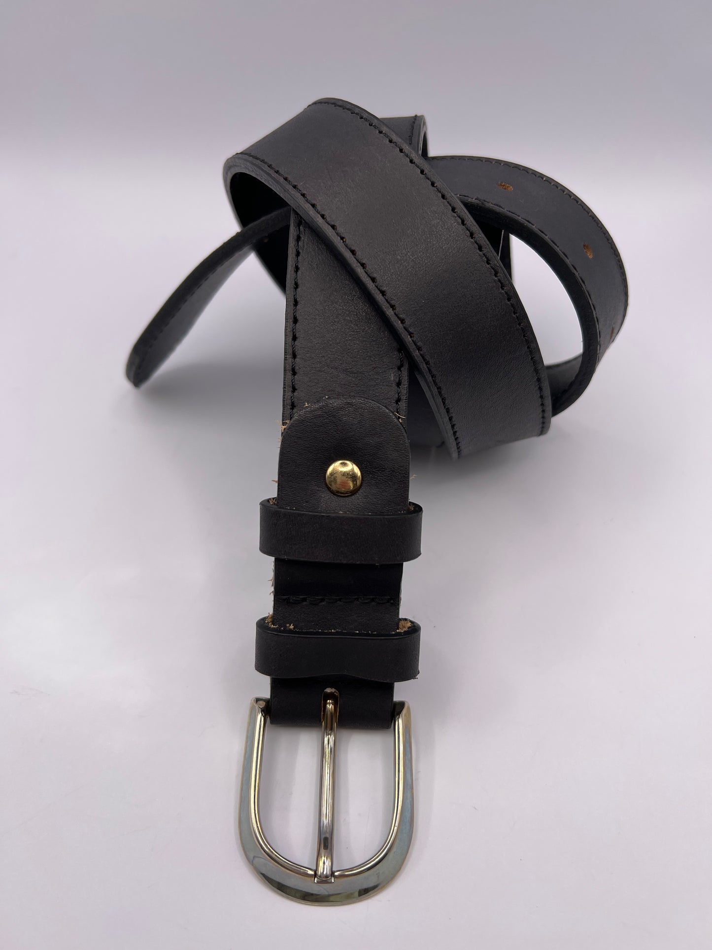 Basic Black Handmade Leather Belt with Silver Adornment - BLONDISH