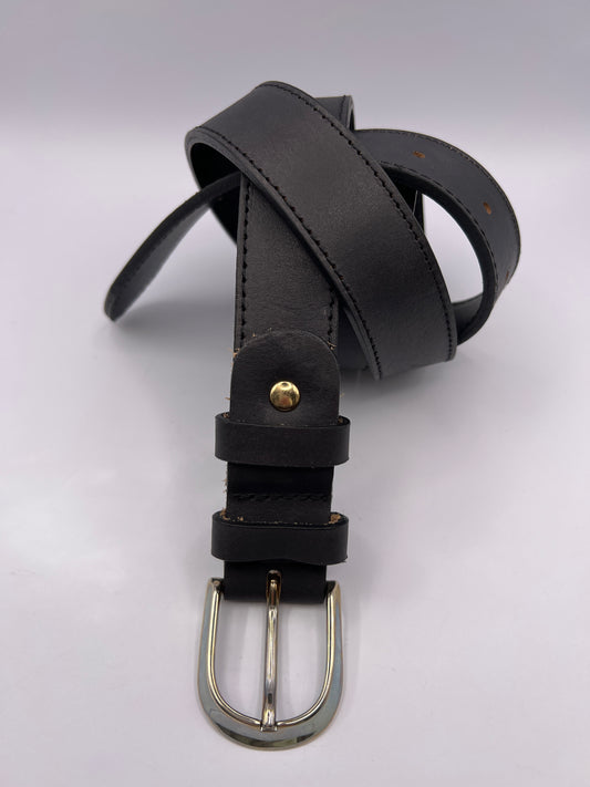 Basic Black Handmade Leather Belt with Silver Adornment - BLONDISH
