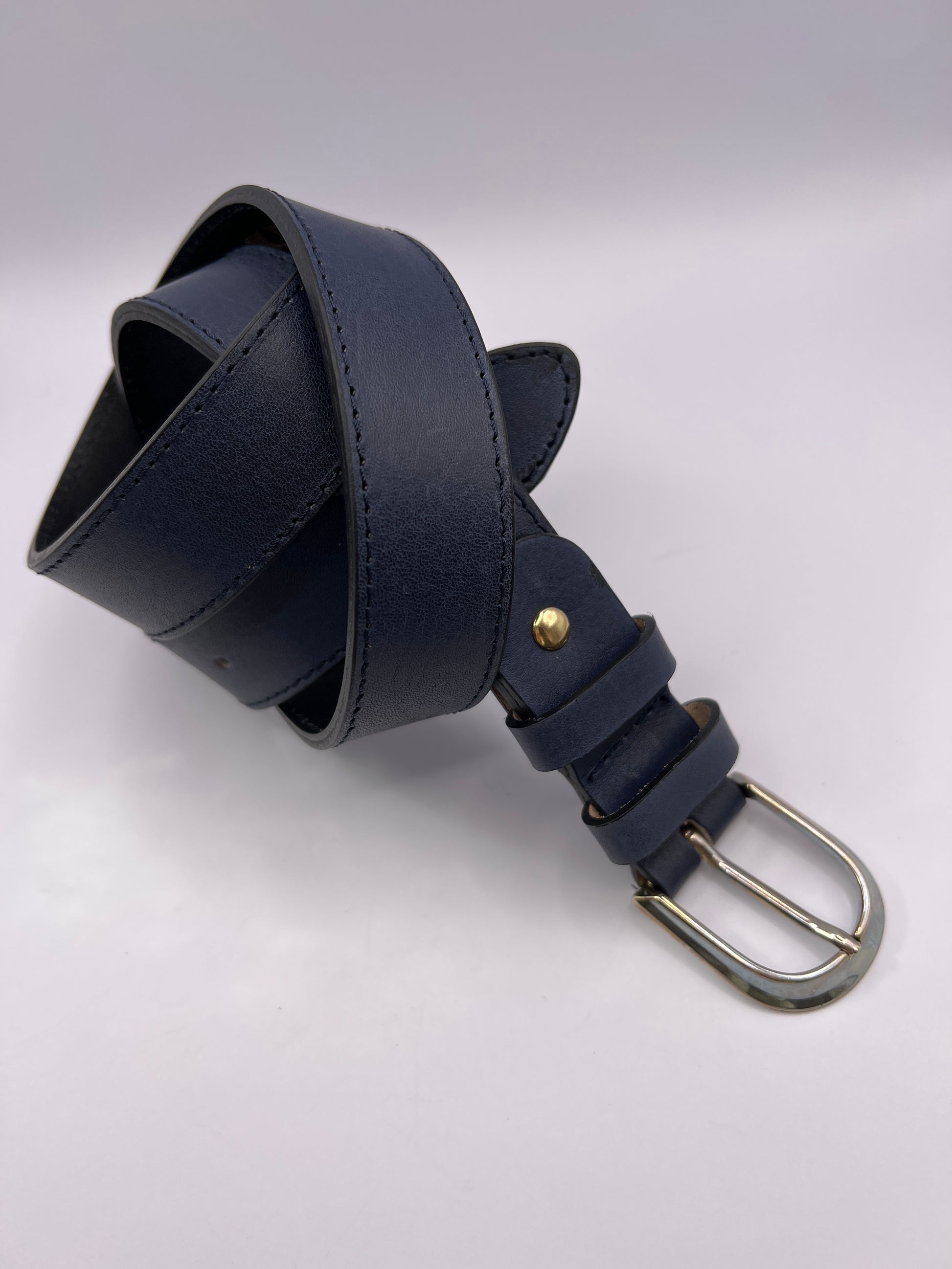 Basic Blue Marine Handmade Leather Belt with Silver Adornment - BLONDISH