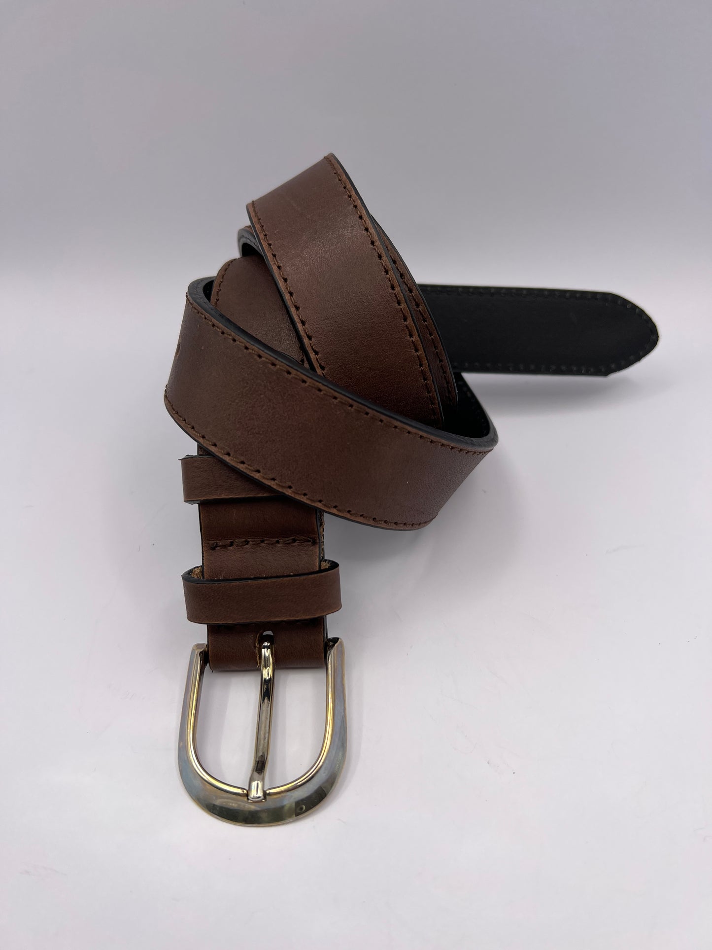 Basic Dark Brown Handmade Leather Belt with Silver Adornment - BLONDISH